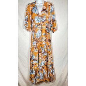 ABEL THE LABEL Orange Floral Maxi Dress Peasant Boho Cottagecore Lagenlook XS